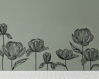 May include: Black and white line art floral design with a variety of flowers and leaves. The design is on a light green background.