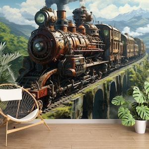 May include: A large, rusty, steampunk-style train engine travels across a bridge over a lush green valley. The train has multiple cars and is made of metal with many gears and pipes visible. The train is traveling through a mountainous landscape with a cloudy sky.