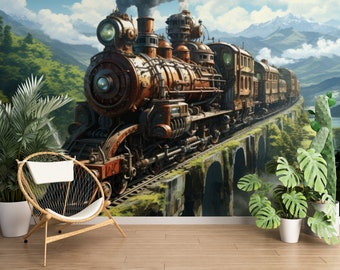 locomotive Wallpaper/ Steam Train Wall Print/ 3D Wall Mural/ Old Steam Locomotive Wall Mural/ Home Wall Mural/ Retro Home Décor (KB W202)