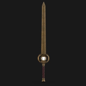 May include: A gold sword with a decorative handle and a circular gem in the centre. The sword has a long, straight blade and a dark brown leather grip.