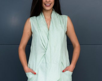 Women's linen tunic, Tunic with flap, Tunic with scarf collar, Linen tunic in mint color, Tunic with pockets