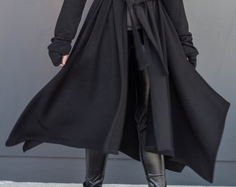 Gothic Hooded Maxi Cardigan Women, Black Knit Cloak with Pockets, Dark Fantasy