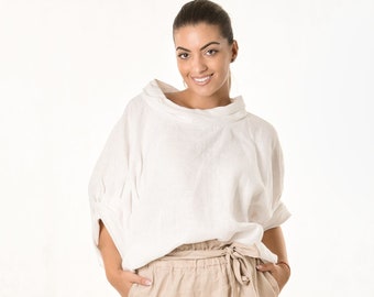 Handmade White Linen Cowl Neck Tunic Women, Oversized Summer Top, Quiet Luxury Slow Fashion
