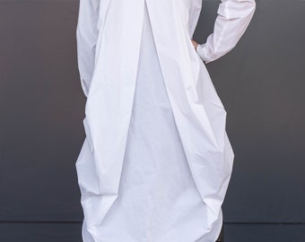 Handmade White Bohemian Shirt Dress Women, Long Sleeve Boho Maxi, Slow Fashion Summer Wedding