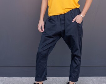Dark Blue Harem Pants: Women&#39;s Satin Cotton Low Waist Joggers
