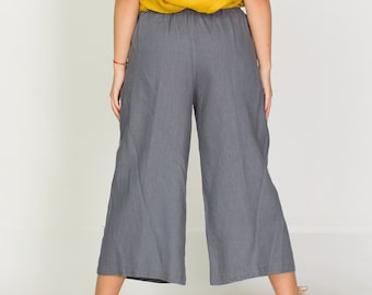 Einfacher Leinenhosenrock Mit Elastischer Taille Und Vordertaschen, Midi-Palazzo-Hose, Dunkelgraue Leinen-Culottes, Klassische Komfort Lässige Shorts