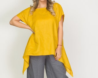 Extravagant asymmetrical linen tunic with square neckline,dropped shoulders,Summer Enchanting Loose Backless Top,Futuristic mustard tank top