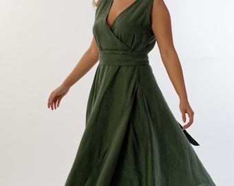 Sleeveless Maxi Dress, Long Linen Dress, Green Wrap Dress, Summer Maxi Dress, Plus Size Linen Clothing, Dress for a special occasion