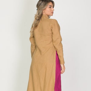 Original Long Linen Tunic with Chinese Collar ,Modern Asymmetrical Button Up, Long Sleeve Sahara Color Robe, Unisex Mandarin Collar Dresses image 2