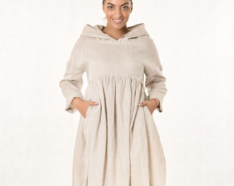 Beige Linen Hooded Dress: Loose Midi Kaftan with Pockets