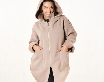 Handmade Cyberpunk Hoodie Jacket Women, Asymmetric Double Zip Cotton Coat, Futuristic Streetwear