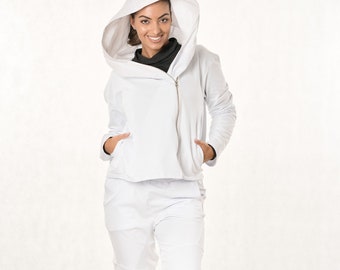 50% SALE Women's sports-chic clothing, jacket with a large hood asymmetric zip fastening,bottom with pockets, tapered legs, contemporary fit