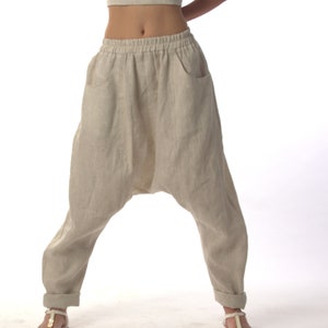 Handmade 100% Linen Harem Pants Women, Drop Crotch Boho Trousers, Quiet Luxury