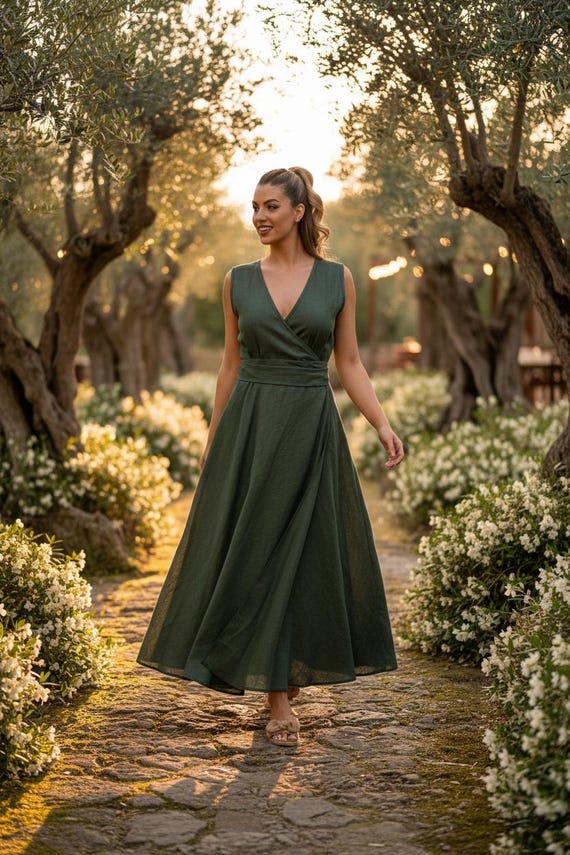 artisanal green maxi dress Handmade Green Linen Maxi Dress Sleeveless V-Neck Fit & Flare