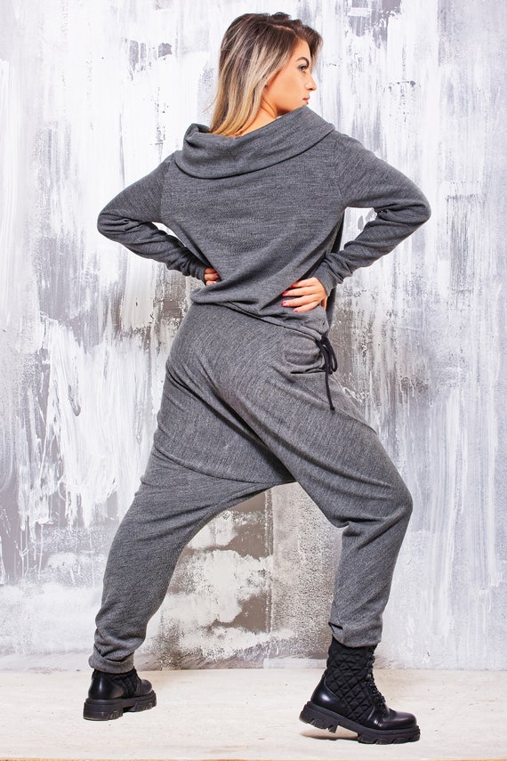 Wool Off the Shoulder Harem Jumpsuit, Luxe Designer Loungewear, Loose Drop Crotch Off the Shoulder One Piece Jumper, Winter Urban Streetwear