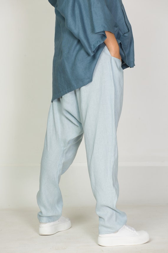 Men's Linen Harem Pants, Baggy Pants, Linen Yoga Wear,Low Crotch, Bottoms with Elastic Waist and Large Pockets, Spa and Relaxation Culottes.