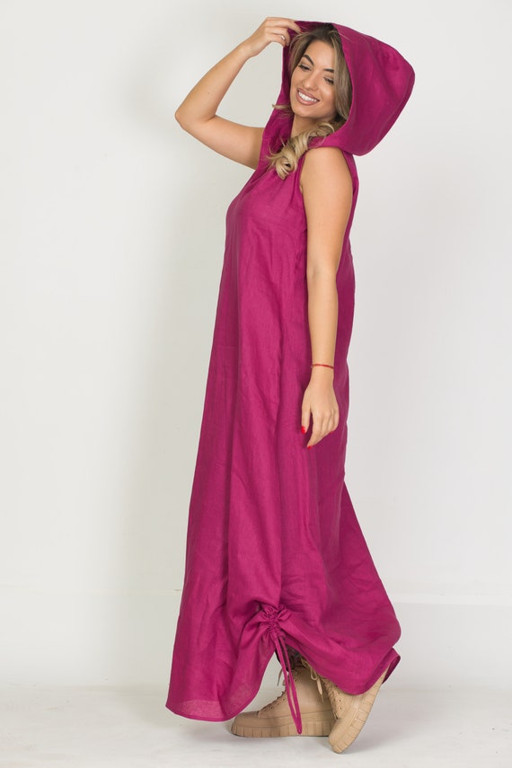 Open Back Linen Dress, Large Hood, Side Pockets,A-line Dress with Side Draping, Full Length Dress, Summer Casual, Maxi Dress, Maternity Wear