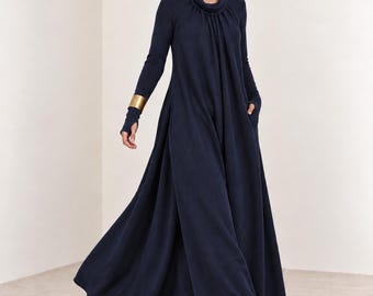 Navy Blue Knit Maxi Dress with Pockets, Cowl Neck and Long Raglan Sleeves