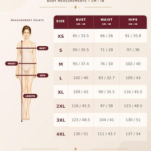 Op de afbeelding: Een maattabel met de titel SIZE GUIDE en een diagram van een figuur dat meetpunten toont voor buste, taille, heupen en lengte. Een tabel vermeldt maten van XS tot 4XL met bijbehorende lichaamsafmetingen in centimeters en inches.