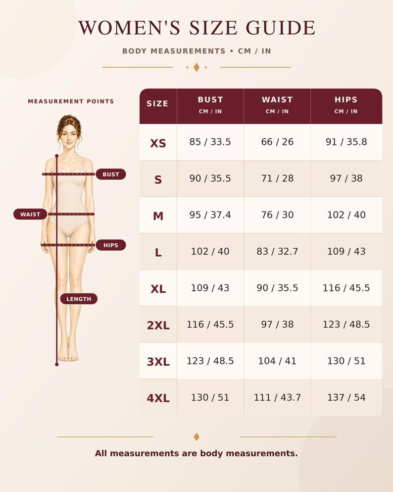 Op de afbeelding: Een maattabel met de titel SIZE GUIDE en een diagram van een figuur dat meetpunten toont voor buste, taille, heupen en lengte. Een tabel vermeldt maten van XS tot 4XL met bijbehorende lichaamsafmetingen in centimeters en inches.