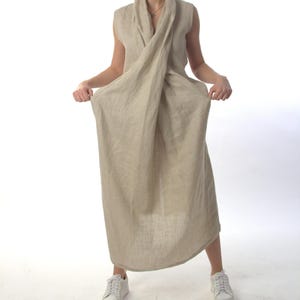 Handgefertigtes Leinen Kimono Maxi Kleid, Schalkragen Versteckte Taschen, Ruhiger Luxus Minimalistisch