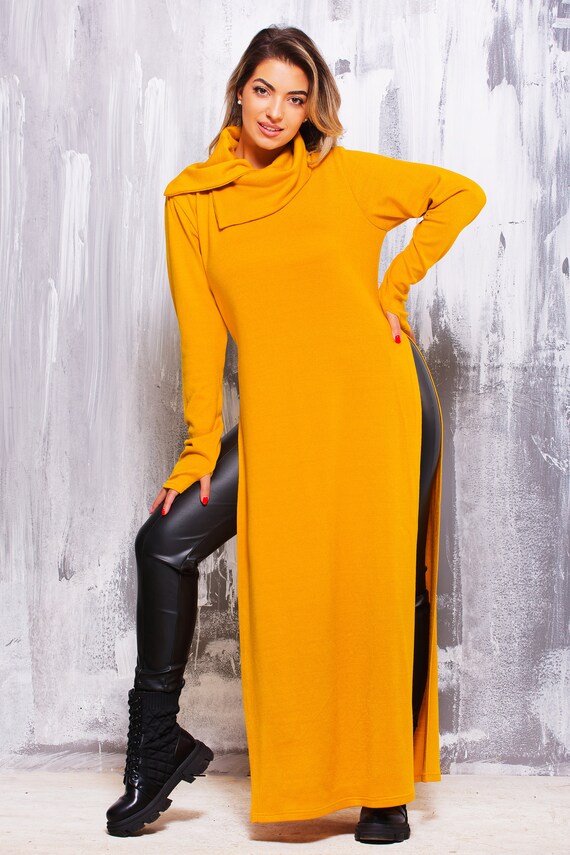 Women's Long Sweater Dress, Long Sleeve Thumbhole Sweater, Asymmetrical Stand Collar Knitted Tunic, Long Slit Dress, Mustard Color Long Top