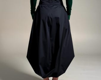 Black Cotton Asymmetric Balloon Midi Skirt, Sculptural Avant Garde Statement Piece