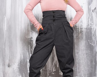 Handmade High Waist Pleated Cargo Pants Women, Wide Leg Utility Trousers, Contemporary Casual Style