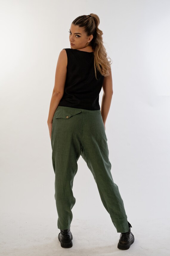 Drop crotch linen trousers in minimalistic style, Long Pants, Plus Size Clothing, Baggy Pants, Wide Leg Pants, Bohemian Pants,Urban fashion