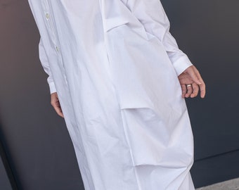 Handmade White Bohemian Shirt Dress Women, Long Sleeve Boho Maxi, Slow Fashion Summer Wedding