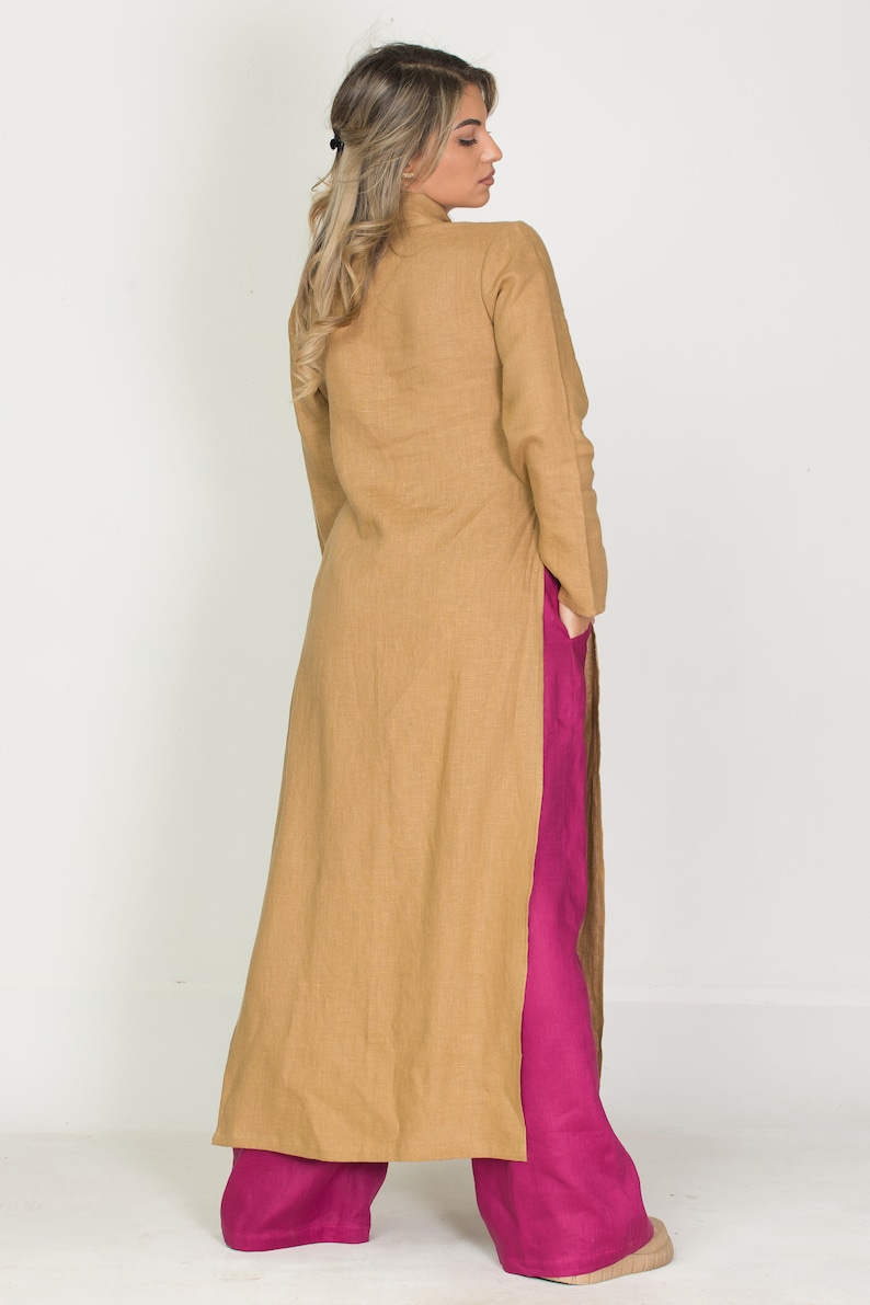 Original Long Linen Tunic with Chinese Collar ,Modern Asymmetrical Button Up, Long Sleeve Sahara Color Robe, Unisex Mandarin Collar Dresses image 7
