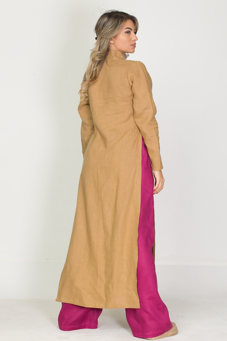 Original Long Linen Tunic with Chinese Collar ,Modern Asymmetrical Button Up, Long Sleeve Sahara Color Robe, Unisex Mandarin Collar Dresses image 2