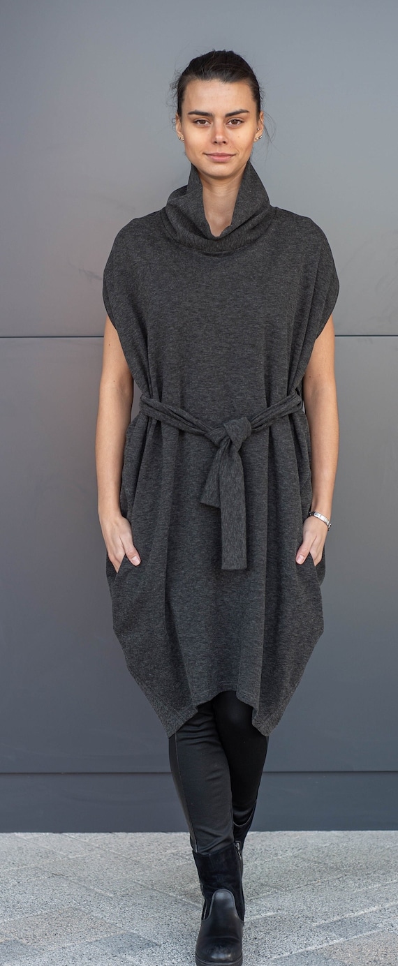 Black Sweater Dress, Turtleneck Dress, Maxi Clothing, Short Sleeve ,Japanese style, Warm cloth, Tunic with pockets and belt, Anime clothing