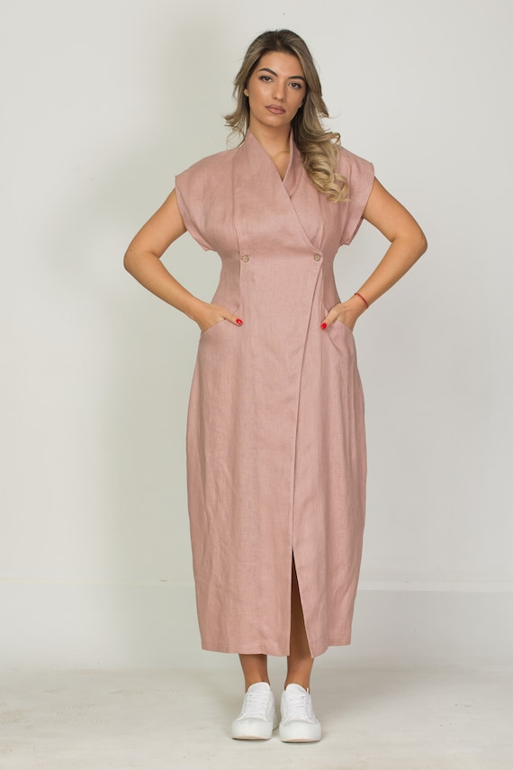 Linen Kimono Dress, Summer Sheath Dress,Elegant Dress with Pockets, Shawl Collar,Tulip A Line,Stylish Dress for Any Occasion ,Ash Rose Color