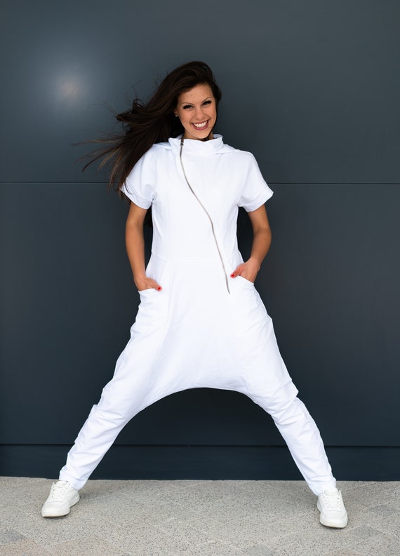 Harem Jumpsuit with Hood, Asymmetrical Zipper Jumpsuit, Urban Streetwear, Loose Fit Romper, Modern Minimalist Clothing, Edgy Unisex Outfit