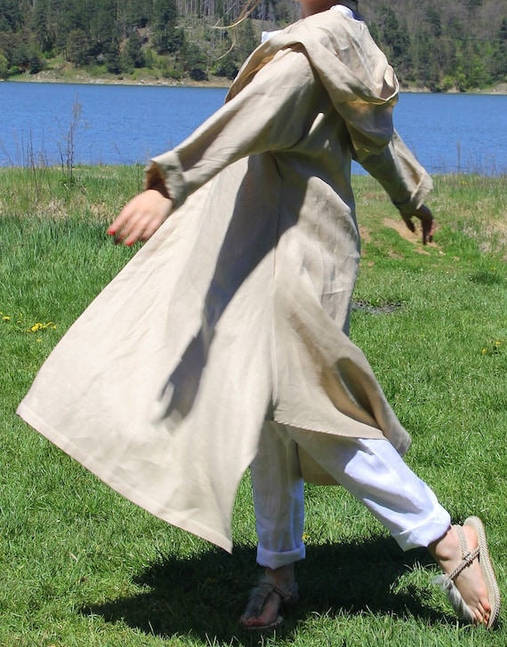 Avant-garde linen coat with hood, long loose sleeve, side pockets, original button placket, boho style linen polygon vest,long flying jacket