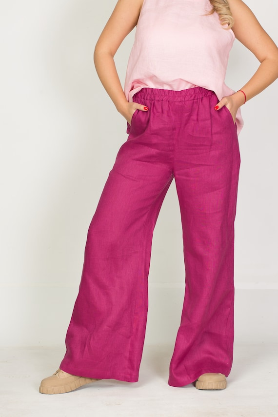 Linen trousers with wide legs, front and back pockets with an elastic waist,Palazzo Pants, Linen Clothing , Linen Trousers,Long Linen Pants