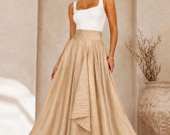Champagne Taffeta High Low Maxi Skirt with Detachable Sash and Side Pockets