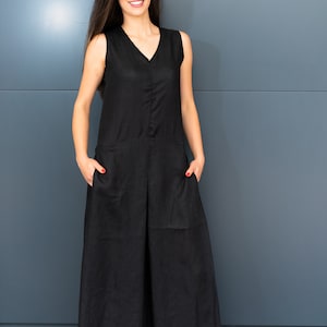 Black Linen Palazzo Jumpsuit: Women&#39;s Wide Leg Avant-Garde Style