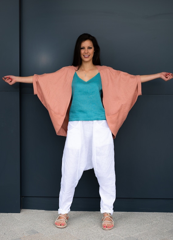 Women's Linen Jacket, Linen Kimono, Linen Poncho with Pockets, Summer Linen Jacket, Linen Cloak