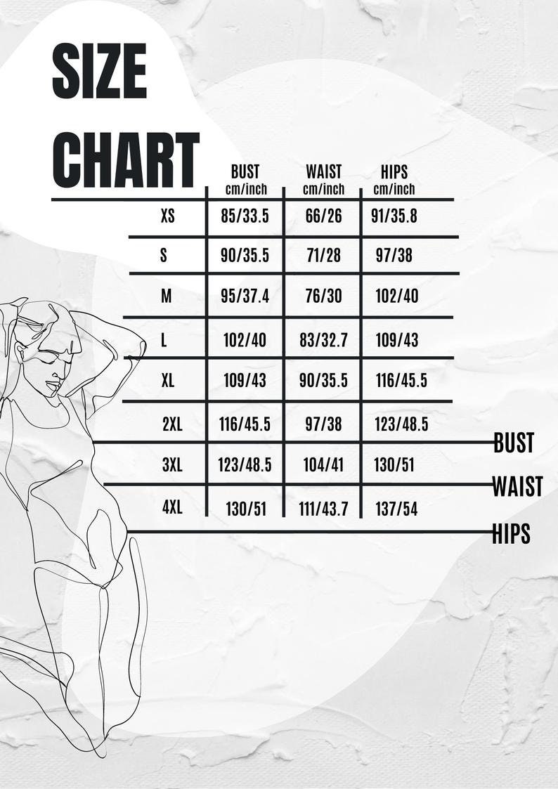 May include: A size chart with bust, waist, and hip measurements in centimeters and inches. The chart includes sizes XS to 4XL, with corresponding measurements. The word "SIZE CHART" is at the top.