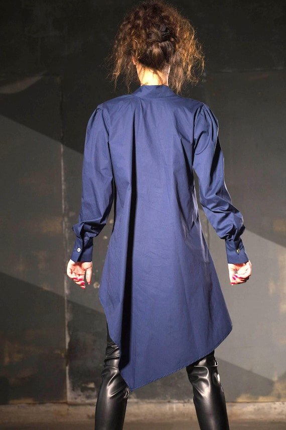 Women's Cotton Tunic,Tunics for Women,Asymmetric Long Blouse,Shirt Puff Sleeve,Tunic with Asymmetrical Details,Blue Shirt,Cotton Clothing