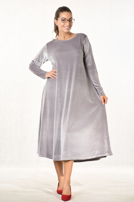 Gray Color Round Neck Long Sleeves A-line Party Velvet Midi Dress, Velvet Clothes, Plus Size, Plush Dress, Clothing for a Special Occasion