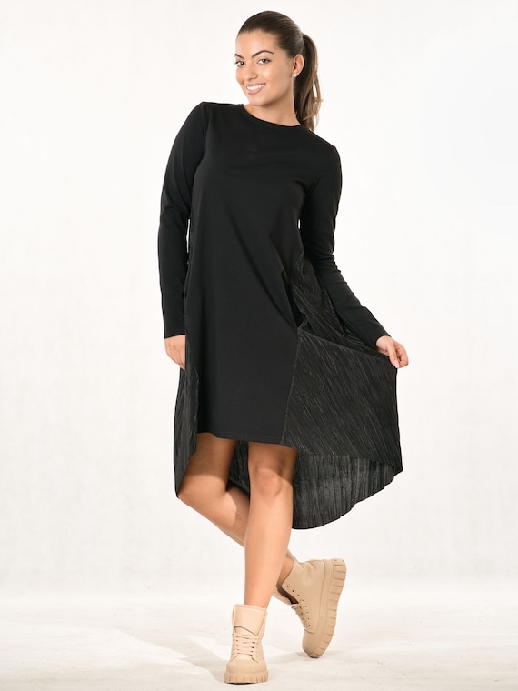 Extravagant Tunic with Pleated Back, Asymmetric Long Sleeve Cocktail Dress, Steampunk Dress, Black Goth Dress, Oversized Dress with Pockets
