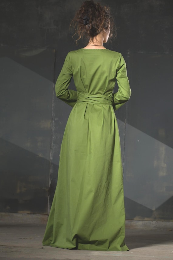Long Linen Maxi Dress with Pockets, Long Sleeves, Round Neck, Belted Waist ,Loose Boho Style for Women, Casual Summer Dress,Bohemian Dress
