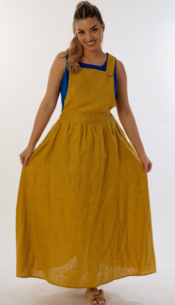 Mustard Linen Dress, Pinafore Dress, Apron Dress,Backless dress, Apron with skirt, Skirt with nameplate,Garment for gardening, Work dress