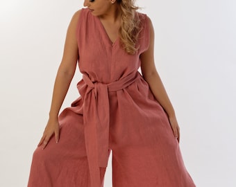 Flared Linen Palazzo Leg Jumpsuits ,Long Summer Sleeveless Jumpsuit With Side Pockets, Linen Clothing ,Women's V-Neck Jumpsuit Plus Size