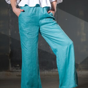 Wide Leg Linen Palazzo Pants: Women&#39;s Elastic Waist Trousers