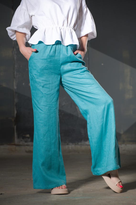 Casual Pants Linen, Women Brown Wide Leg Linen Pants ,Plus Size Palazzo Linen Pants For Women, Japanese Style Linen, Pants Elastic Waist