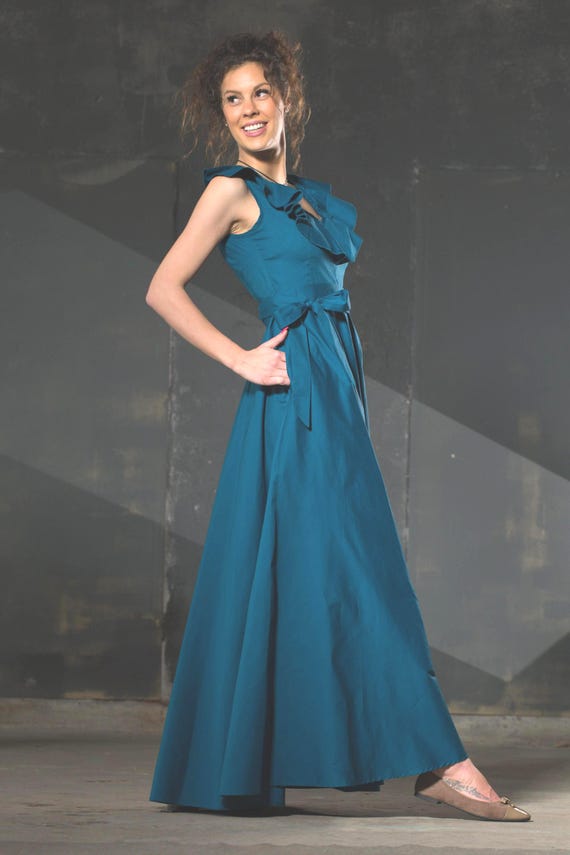 Beautiful Petrol Blue Dress , Sleeveless Cotton Maxi , Fitted Bodice, Flared Skirt, Side Pockets , V-Neck with Ruffles, Flattering Fit